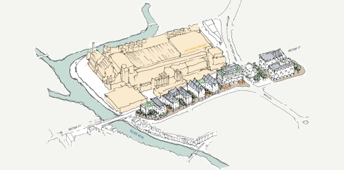 An illustrative aerial sketch showing how the Cattlemarket could become a new gateway to the town. 
					The map for this chapter shows areas for businesses to thrive including points showing older industrial sites.
					There are interactive map markers which show illustrative photographs and sketches of how these areas could look. The sketches are overlaid 
					with aerial images showing current site conditions for comparison.